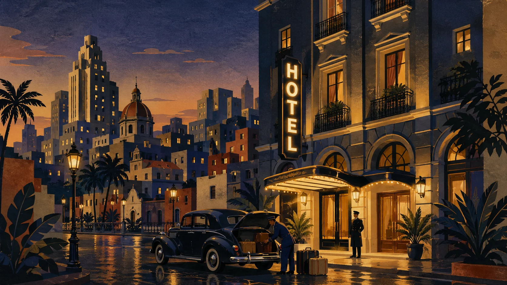 Fachada de hotel art déco al atardecer con auto clásico y botones recibiendo huéspedes